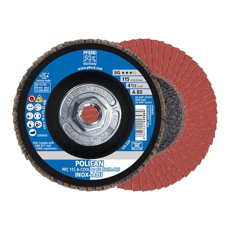 Pferd 4-1/2" x 5/8-11 Thd. POLIFAN Flap Disc - A-COOL SG INOX+ALU, Aluminum oxide, 80 Grit, Conical 62243